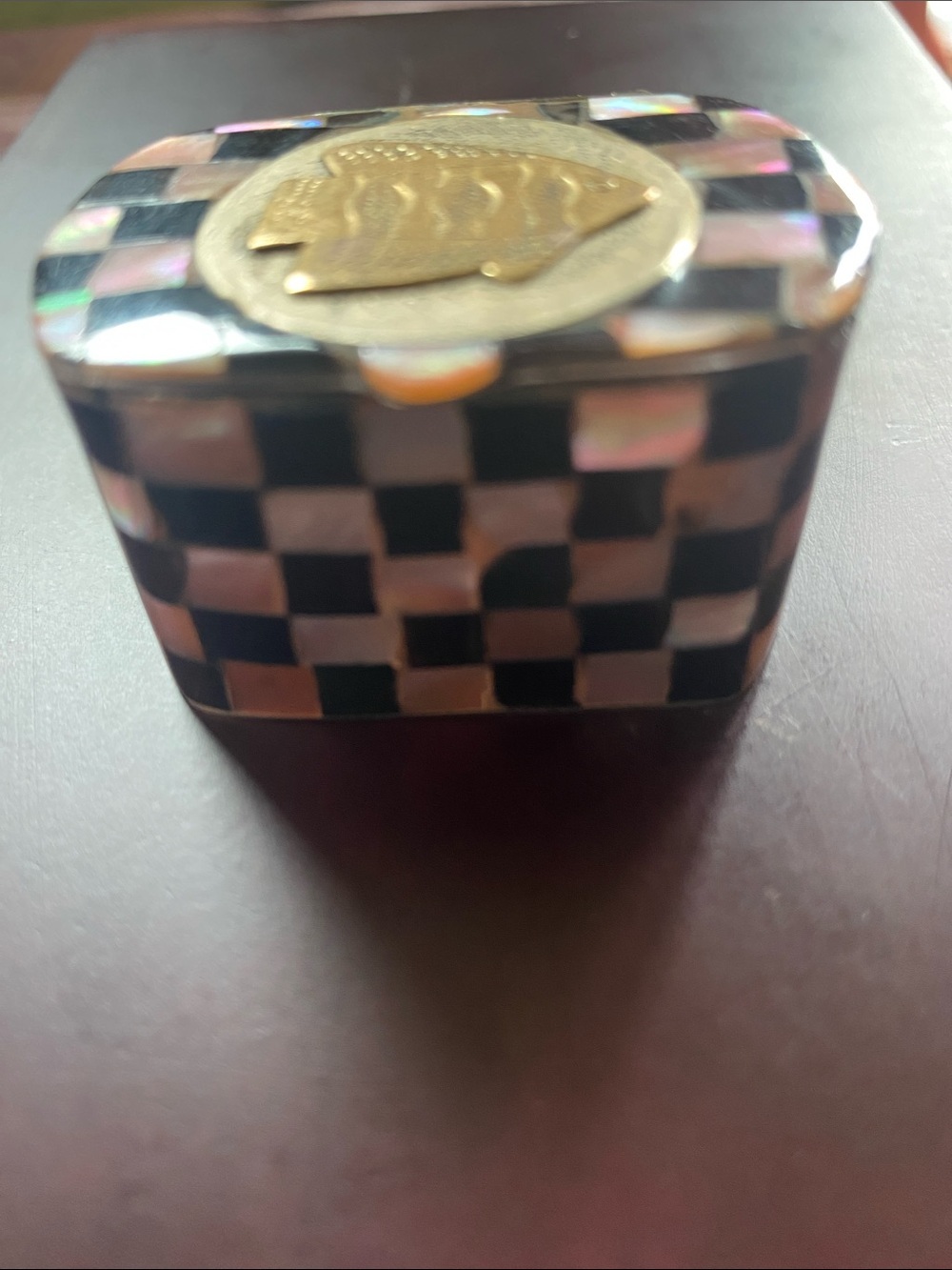 Checkerboard Mother-of-Pearl Trinket Box with Brass Fish Accent - Picture 2 of 4